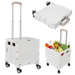 HOW'S MY HOUSE Folding Utility Cart Portable Rolling Crate Handcart Shopping Trolley Collapsible Tool Box, with Lid, Basket on 4 Rotate Wheels, for Grocery, Shopping, Office, Storage