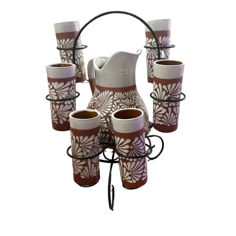 Mexican Jar Jarra con Vasos with Decorative Design and Pitcher Set