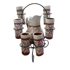 Mexican Jar Jarra con Vasos with Decorative Design and Pitcher Set
