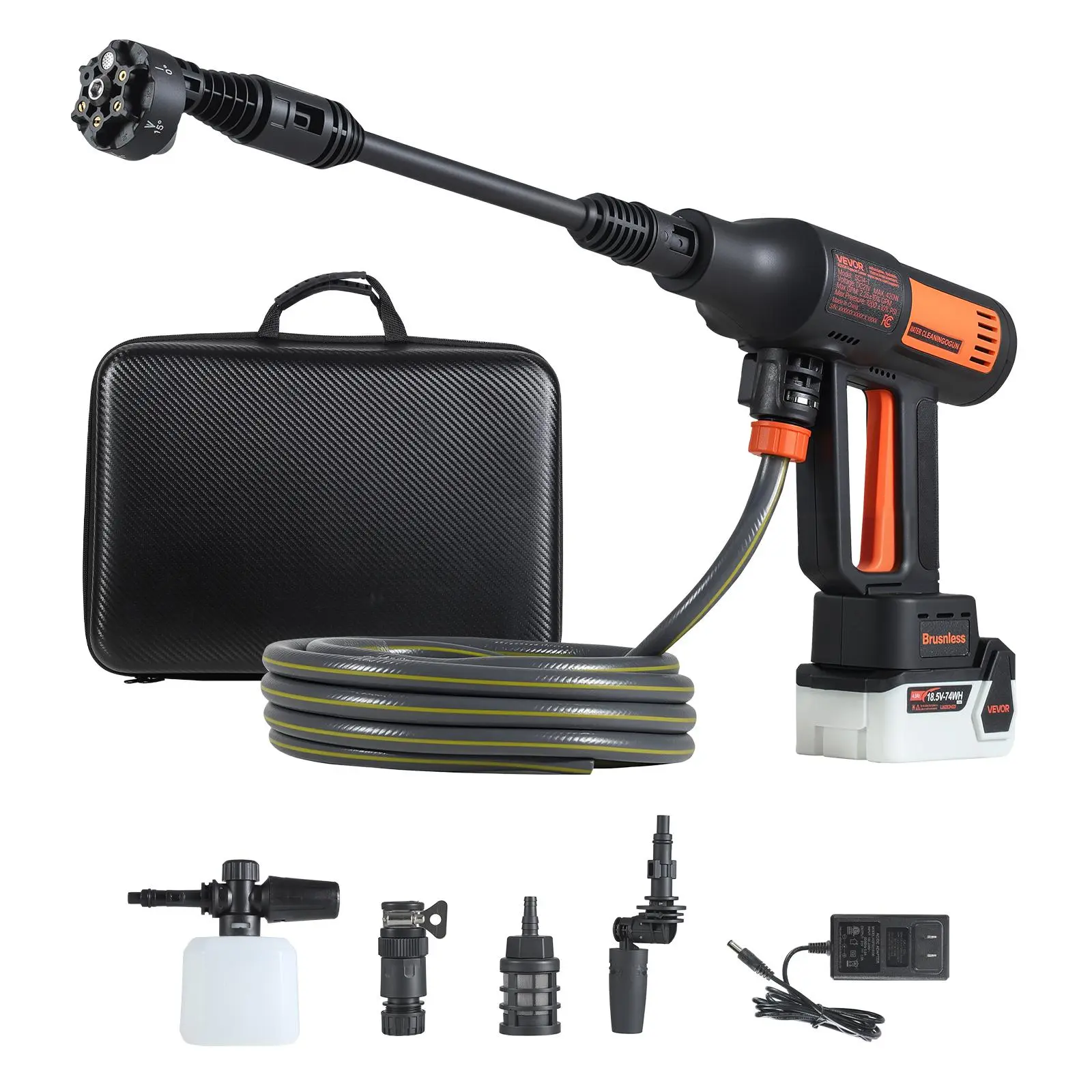 【Summerfinds】VEVOR Cordless Power Washer - 1200PSI Max Portable Pressure Washer with Brushless Motor, 6-in-1 Nozzle, Foam Nozzle Compatibility, Water Hose, 4-Speed Adjustable Battery-Powered Handheld Cleaner for Home, Cars Deep Clean