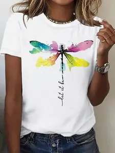 Women's Dragonfly Print Round Neck Tee, Fashion Casual Crew Neck T-Shirt for Daily Holiday Vacation Outdoor Wear, Ladies Clothes for Summer, Top, Womenswear