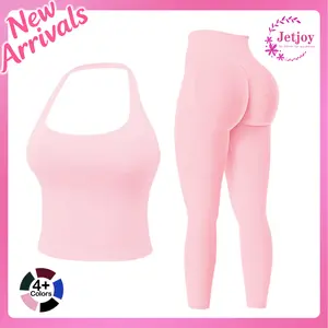 Jetjoy Workout Sets for Women 2 Piece, Padded Backless Sports Bras Halter Top Hidden Scrunch Leggings Sets Gym Yoga Work Out Clothes, Matching Mid Waist Leggings Sets athleisure Fitness & Casual Wear Yoga Outfits Gym Tracksuit summeroutfit SwimWeek