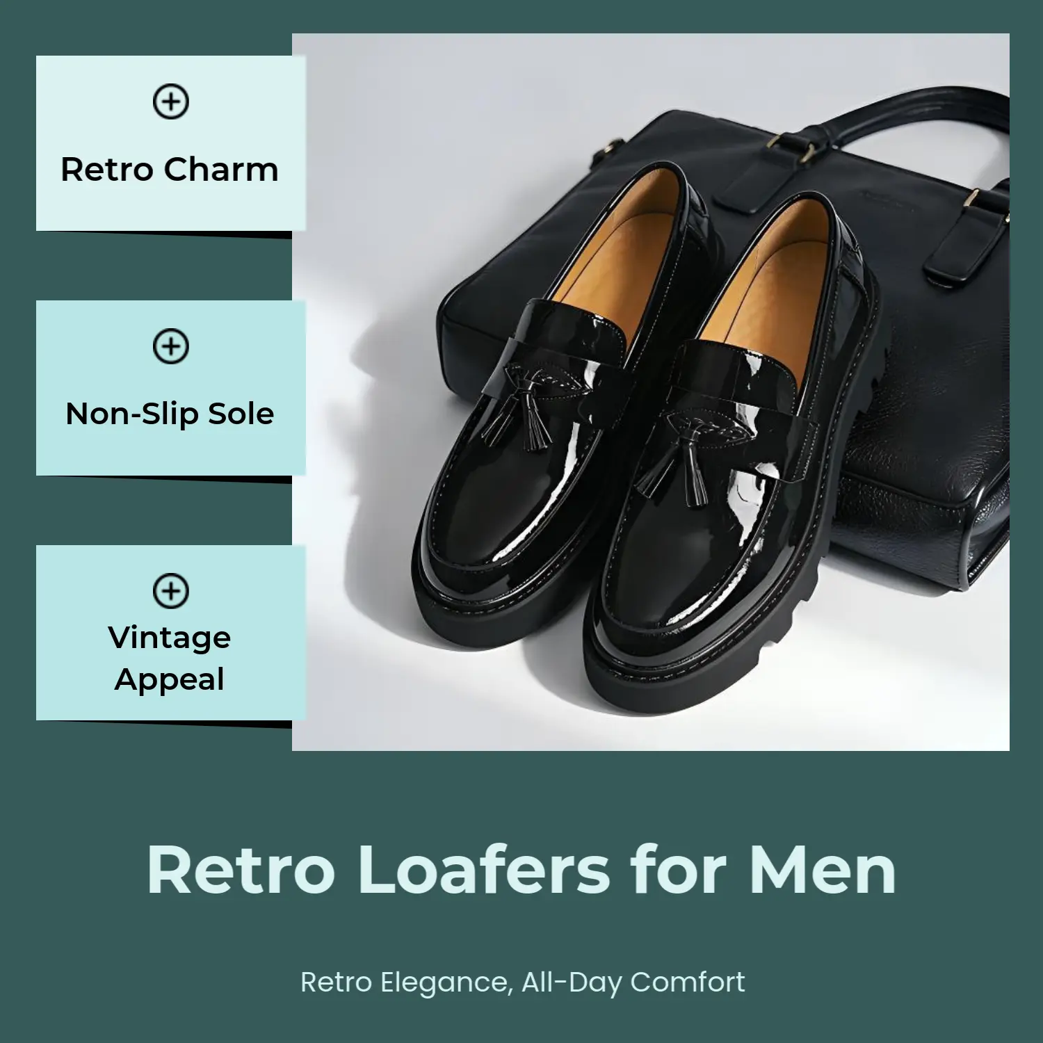 Men's Classic Casual Patent Leather Loafers - Retro Preppy Tassel Slip-On Shoes with Chunky Platform Non-Slip Lug Sole, Chunky Heel, Round Toe, All Seasons Footwear for Holiday & Work