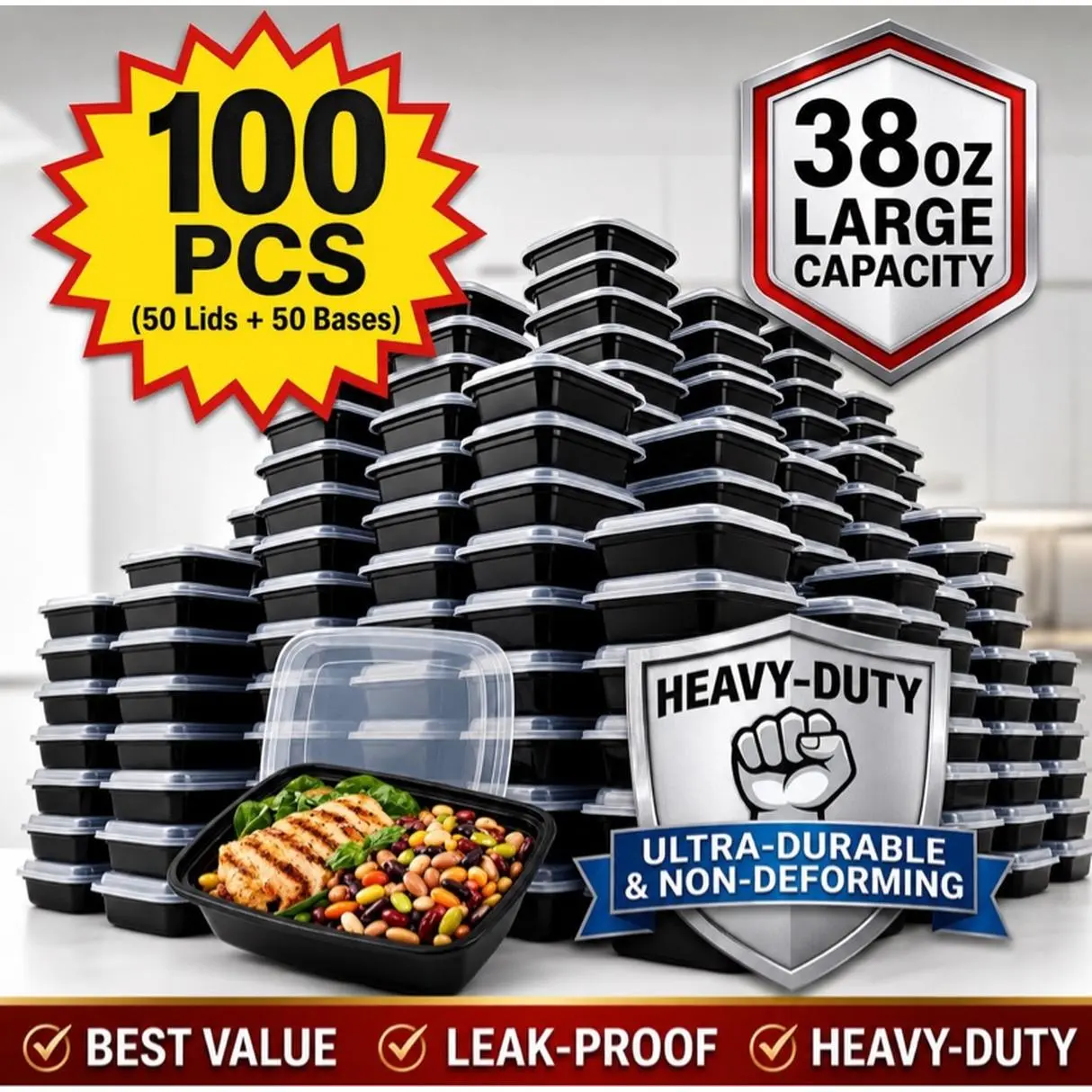 100pcs 38oz Black Rectangular Meal Prep Containers Food Storage Bento Box Disposable Lunch Box Microwave Dishwasher Freezer Safe 50 Bowls 50 Lids