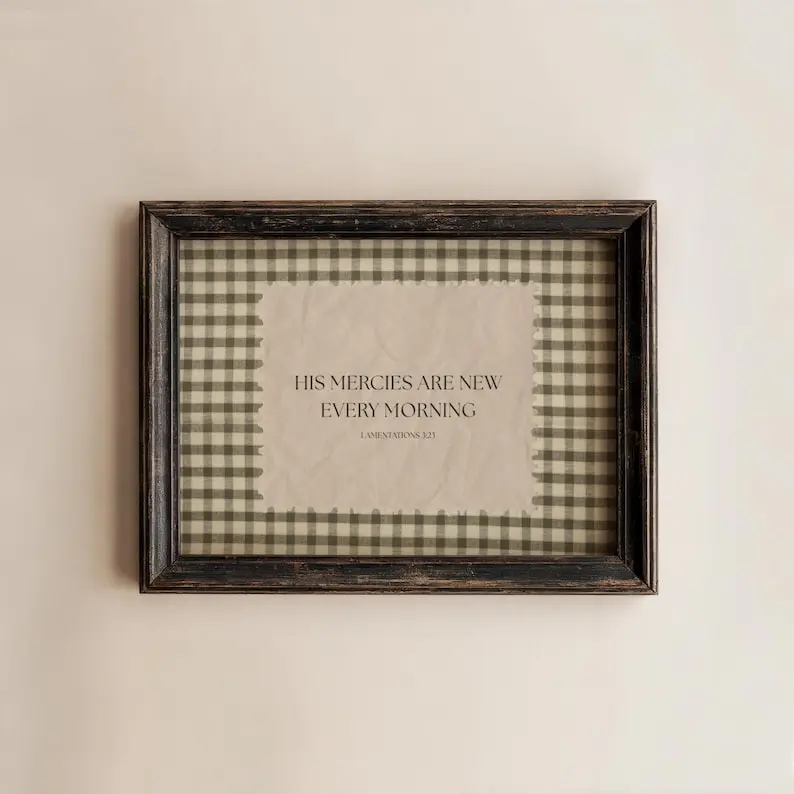 Gingham Bible Verse Wall Art Lamentations 3:23-24 Vintage Scripture New Mercies Christian Decor