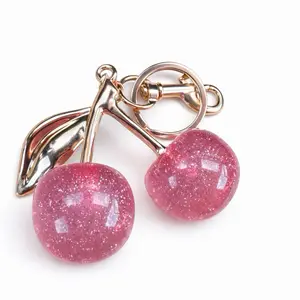 Cherry Keychain with Glittering Pink Cherries and Gold Leaf Design for Stylish Accessory