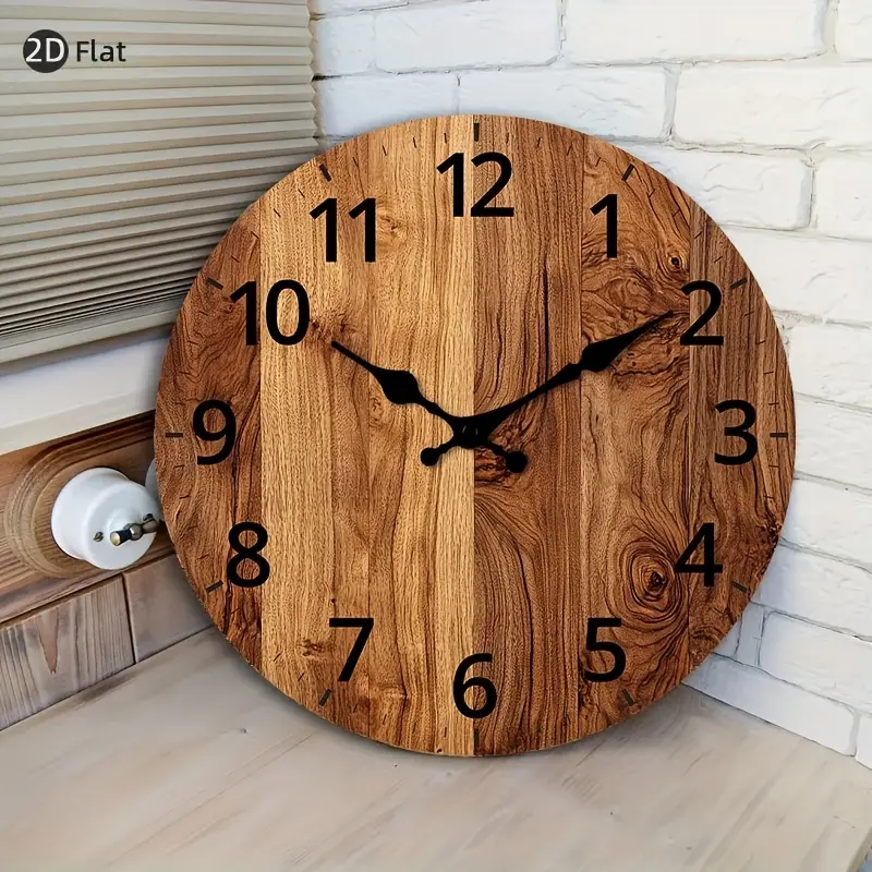 1pc 2D Flat Silent Wall Clock • Wooden Round Wall Clock with Natural Wood Grain Design • Suitable for Kitchen, Bedroom, Living Room, Stairwell, Laundry Room • Size: 25.4cm / 30.48cm (Battery Not Included) • 2D Flat Model, 2D Flat
