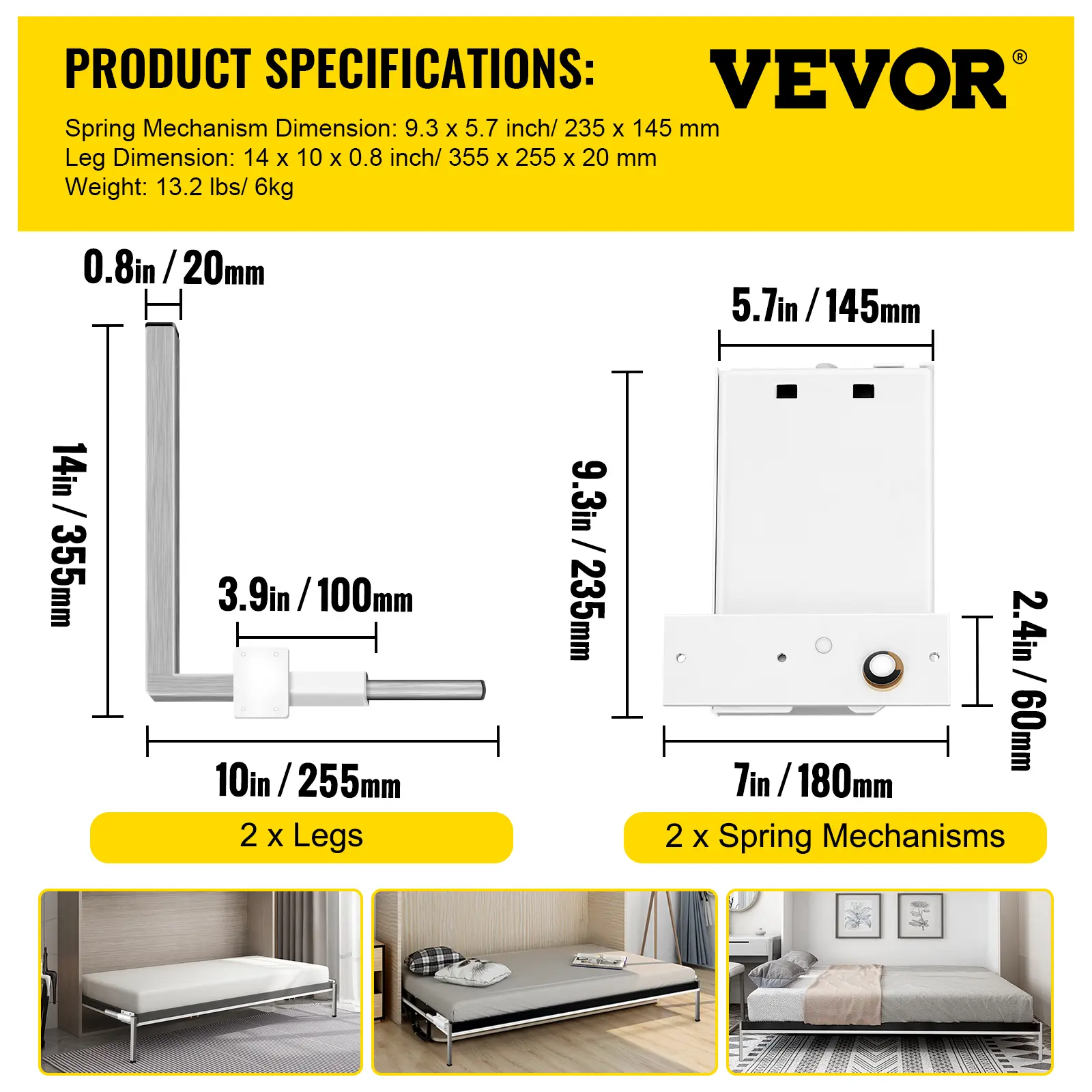 【toolupgrade】VEVOR Metal Foldable Bed Support Hardware Kit - White Horizontal Wall-Mounted Mechanism, Easy-Install Adjustable Multi-Spring Frame Accessory for Twin/Queen/Single Space-Saving Lofts, Ideal for Modern Hotels