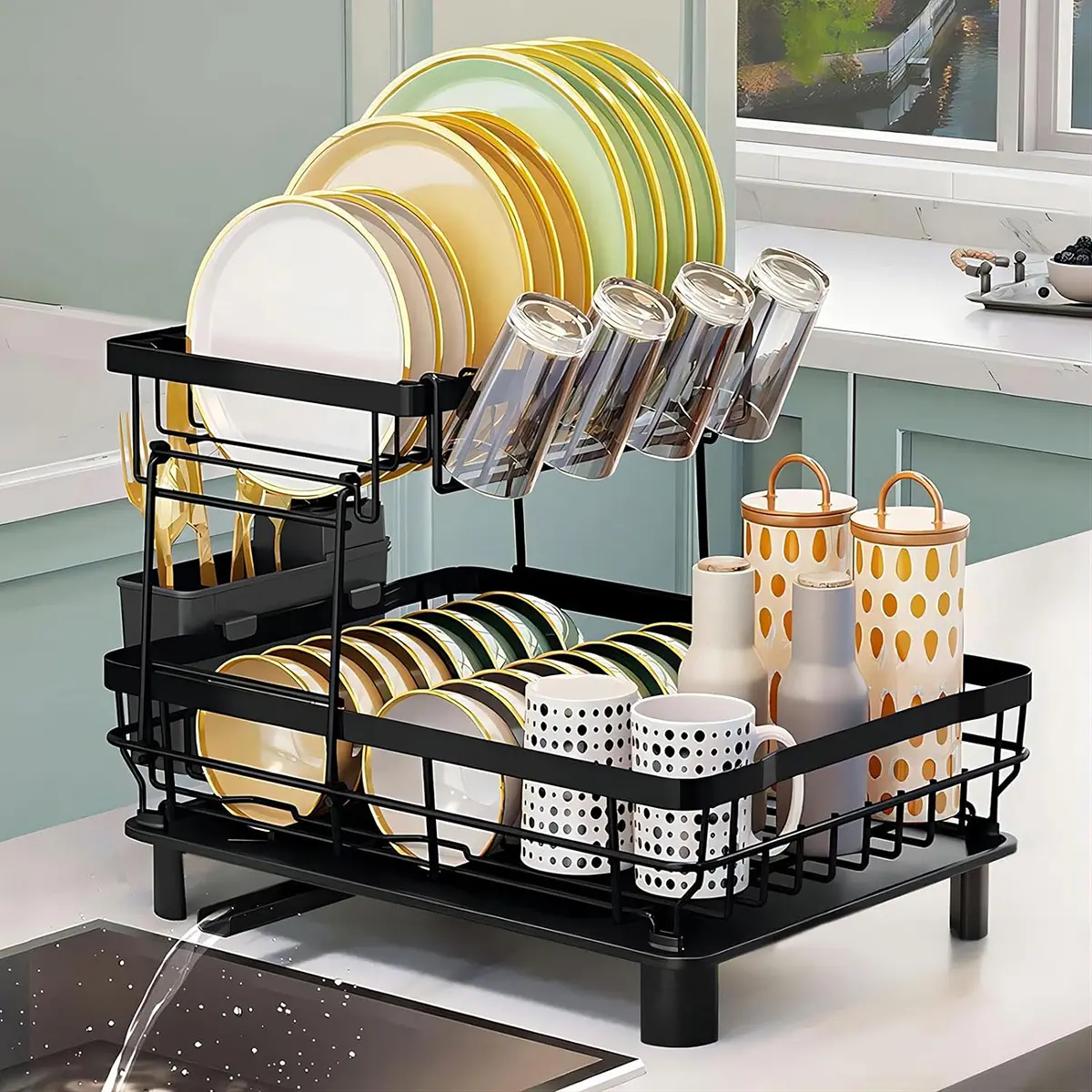 2 Tier Dish Drying Rack with Drainboard Adjustable Spout Utensil Holder and Knife Slots,Space-saving,Suitable for kitchen countertops,Keeps countertops clean and tidy,Easy to install,Beautifully crafted,Rotatable drainage system,Disassembleable summervibe