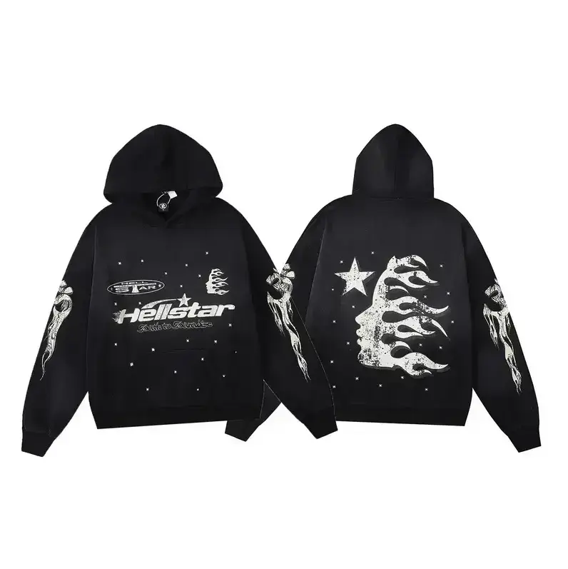 Hellstar Racer Hoodie, Black Flame Oversized Y2K Streetwear, Unisex Casual Outfit for Men & Women