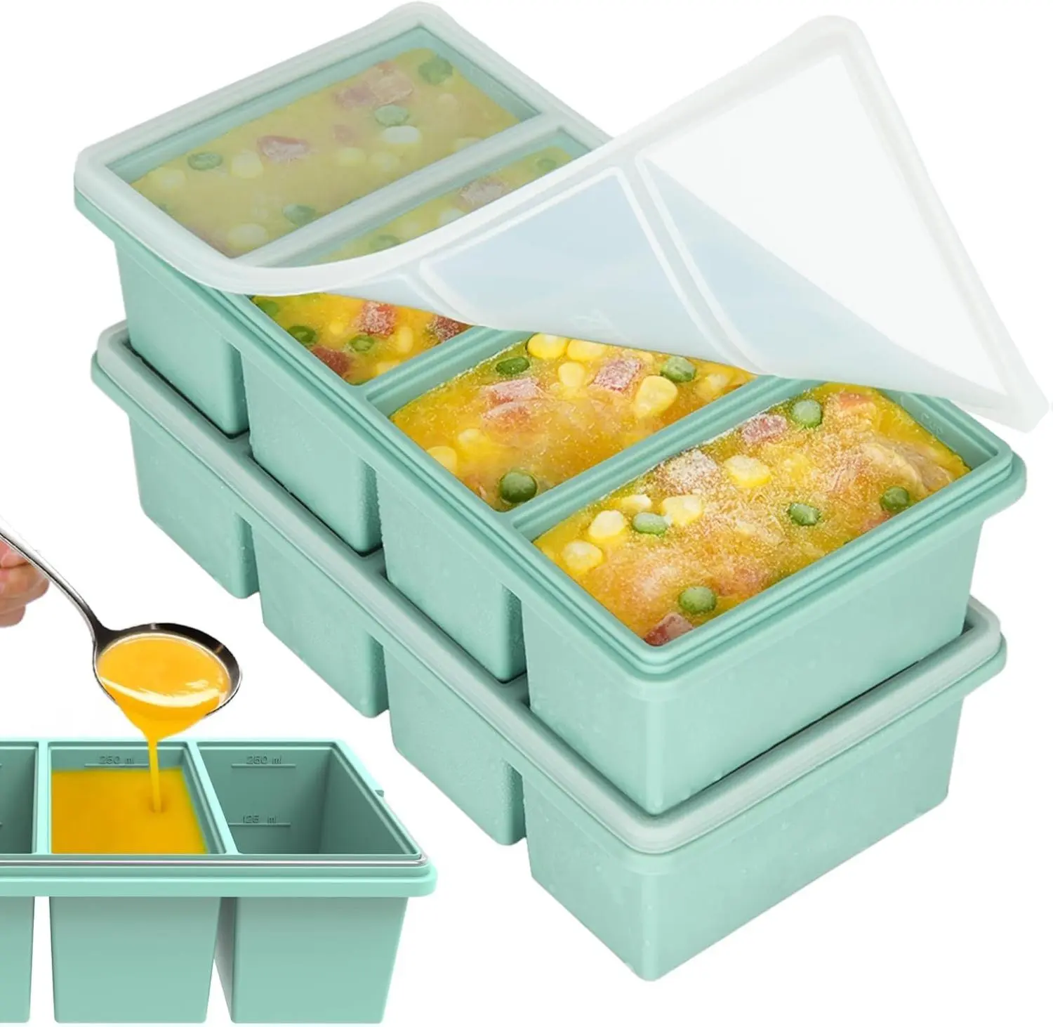 Sturdy 2-Pack Transparent Silicone Kitchen Freezer Trays with Lids - 1-Cup Soup Storage-Style Ice Cube Trays, Leakproof, Flexible, Stainless Steel-Reinforced, Dishwasher & Oven Safe, Stackable, BPA-Free for Frozen Broth, Meal Prep