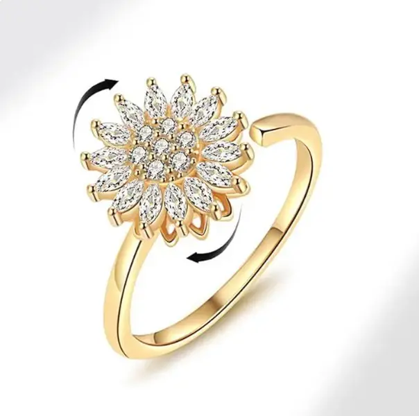 Elegant Floral Sunflower Anti Anxiety Rotating Ring - Unisex Adjustable Size Metal Coating Band (20mm=0.787in, 4.7g) Anxiety Calm Jewelry, Anniversary/Birthday Gift