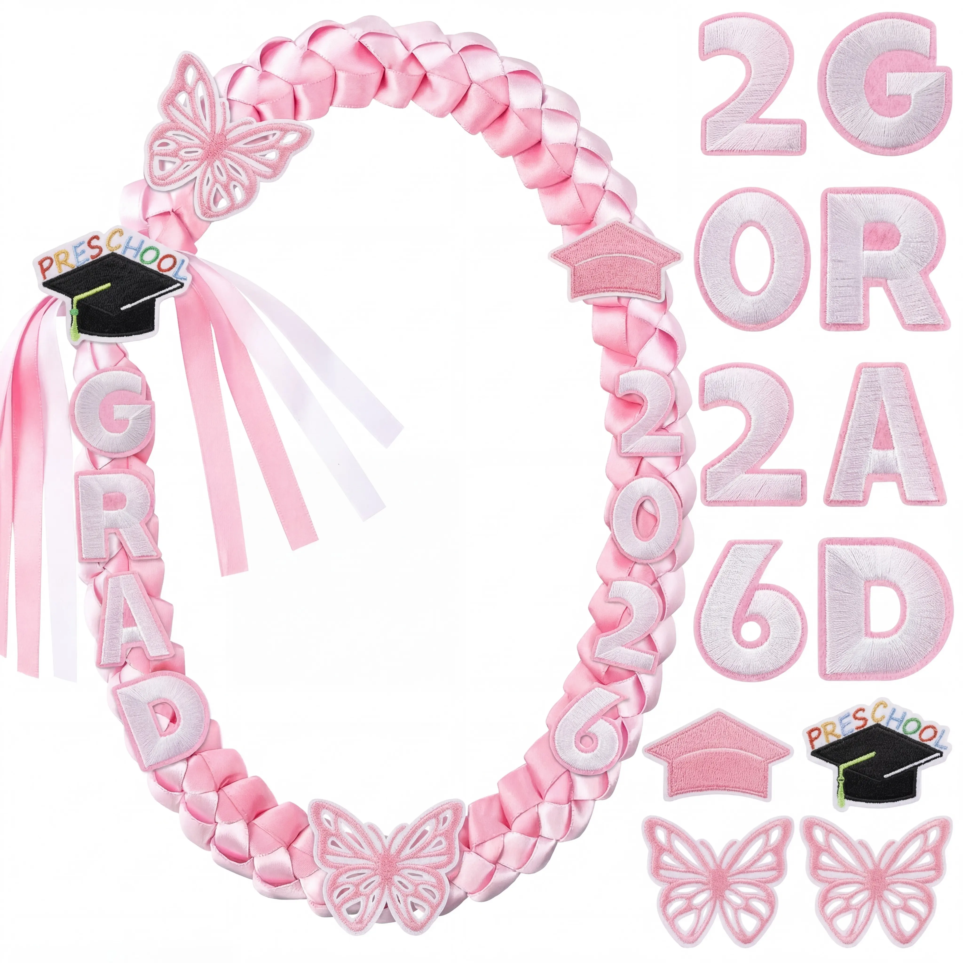 Graduation Leis Class of 2026 Preschool Graduation Gift 47 inches Ribbon Double Braided Necklace with Graduation Cap 2026 GRAD Patches Handmade Leis for School Students Teachers Boys Girls Graduation Ceremony Supplies