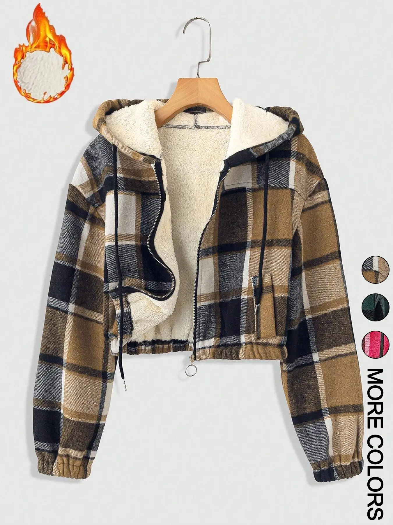 Women's Plaid Print Hooded Zipper Warm Lined Short Loose Fashionable Jacket, Long Sleeve Casual Outerwear, Fall & Winter Fashion Coat, Womenswear, Loose Hoodie Coat
