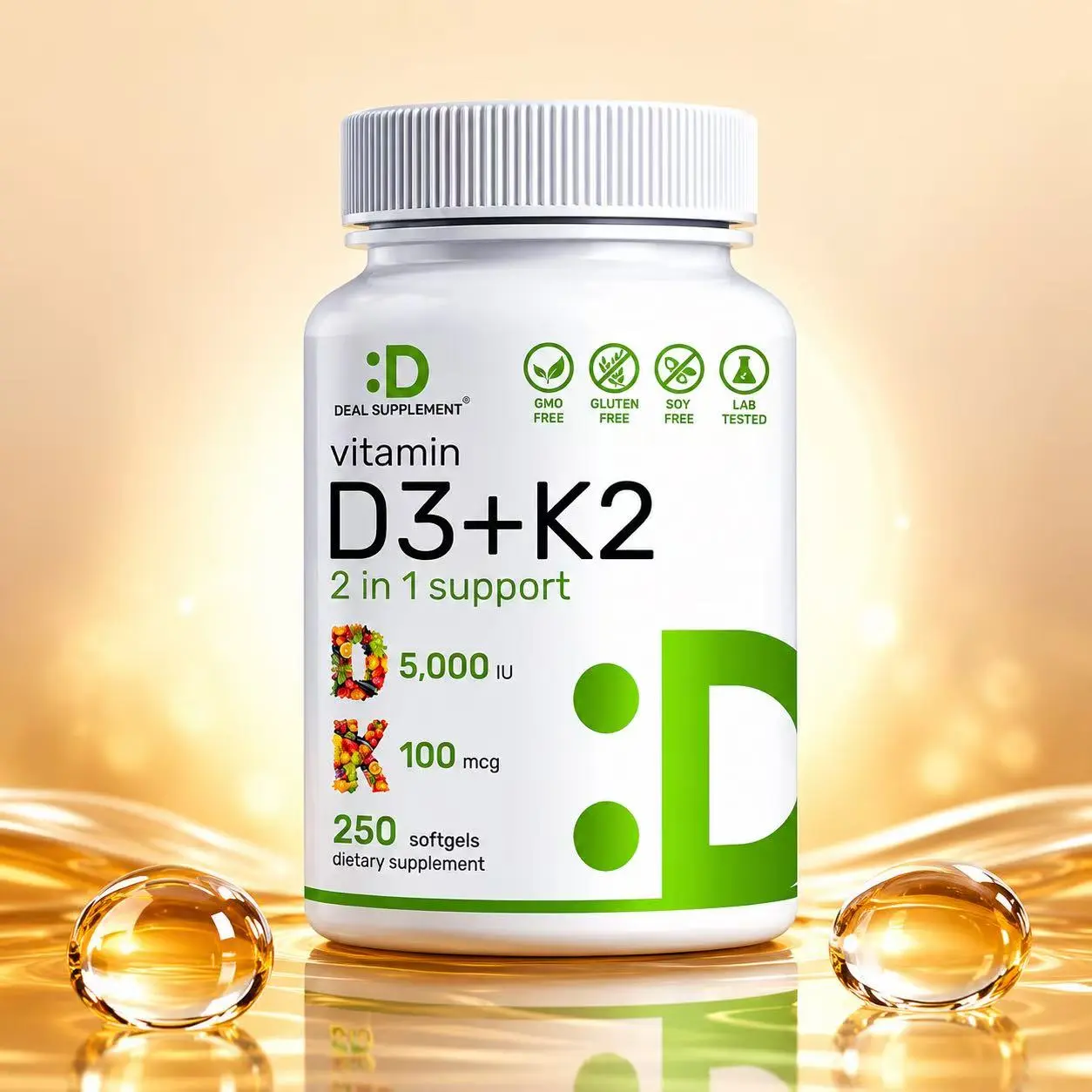 Deal Supplement Vitamin D3 K2 MK7 Softgels, 2-in-1 High Potency 5000 IU Vitamin D3 + 100 mcg Vitamin K2 Supplement, Supports Bone, Teeth, Heart & Immune Health, Vegetarian, 250 Count Dietary Fitness Edible