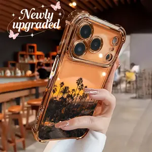 Gold Electroplated Transparent TPU Airbag Shockproof Protective Smartphone Casing - Western Sunset Design, Simple Fashionable Cover for iPhone 17 Pro Max, 16, 15, 14, 13, 12, 11 Mobile Phone Accessories