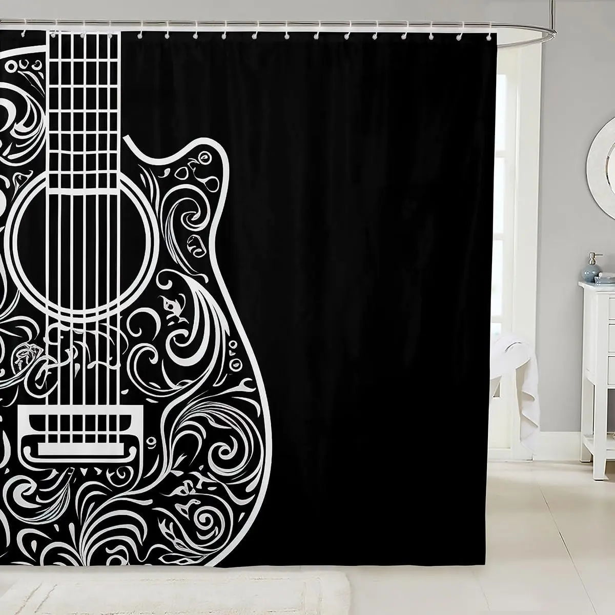 Feelyou Waterproof Shower Window Curtain Set - Guitar Pattern Designer Print, C-Hooks, Decorative Music Themed Bathroom Accessory, Washable, Fun Whimsical Dorm Room Gym Essential for Anyone Who Wants Fun and Whimsy, Shower Window Curtain Waterproof, Two S