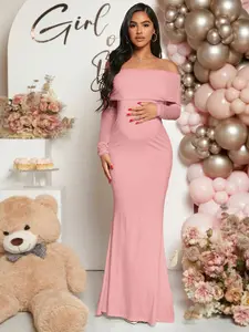 Solid Color off Shoulder Maternity Dress, Stylish Comfortable Design for Expecting Moms, Perfect for Baby Showers or Casual Outings, Maternity Clothing, Prenatal Maternity Clothing