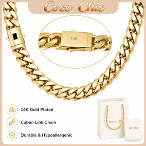 men's 14K Gold Plated  Stainless Steel Miami Cuban Link Chain 6mm-14mm Thick High-Polish Mirror Finish Hip Hop Necklace Tarnish Resistant Waterproof Durable Statement Jewelry for Everyday Wear Party Street Style with Luxury Gift Box