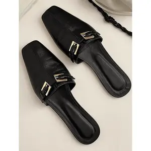 Women's Open-Toe Single Shoe, 2026 New Comfortable Flat Metal Buckle Square Toe Slip On Mules Sandals, Perfect for Travel, Vacation, Casual Fashion