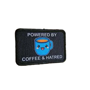Powered by coffee and hatred meme 2"x3" removable morale patch with hook and loop backing
