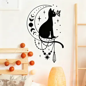 1 piece of cat on the moon wall art decoration Decorative Wall Sticker, moon stars kitten, suitable for living room, bedroom, bathroom, home decoration, art atmosphere, strip and stick. Christmas holiday party. Atmosphere decoration. Wall Art Stickers