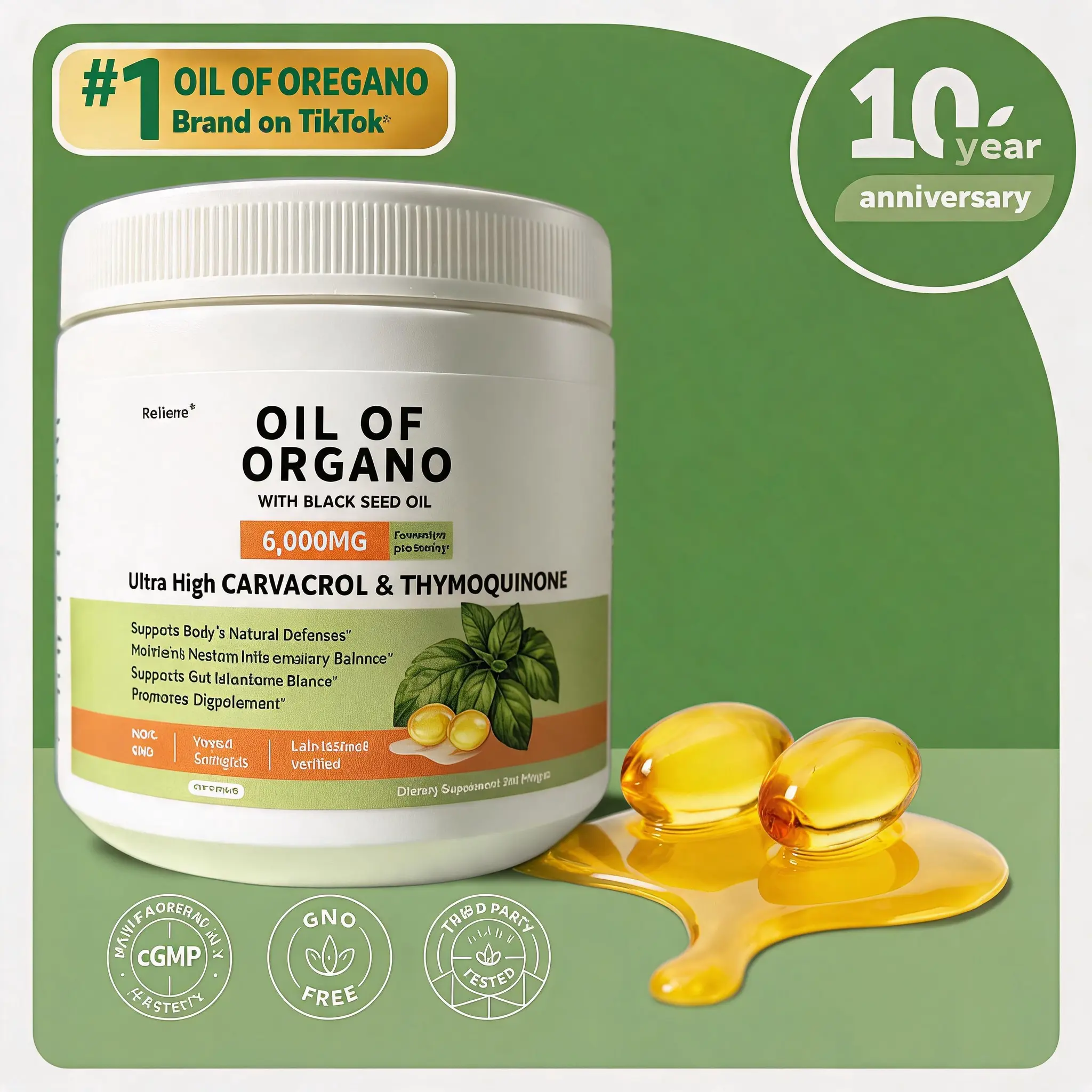 RELIERRE Oregano oil & Black Seed Oil Softgels, 6000mg Equivalent, High Carvacrol & Thymoquinone, Immune Support & Antioxidant Boost, Non-GMO Plant Based Dietary Supplement, 300 Count，oil of oregano and black seed oil，oregano oil black seed oil