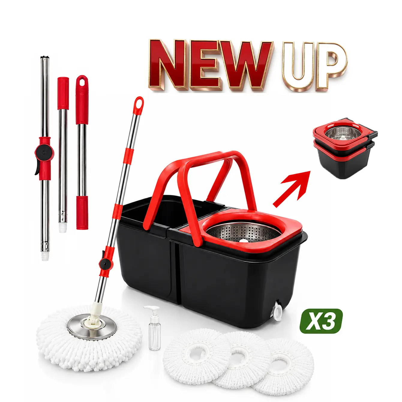 360° Spin Mop 2-in-1 Collapsible Spin Mop & Bucket System, Foldable Space-Saving Mop with Stainless Steel Basket, 360° Rotating Easy-Wring Floor Cleaner, Adjustable Handle & 3 Extra Mop Heads for Home Deep Cleaning