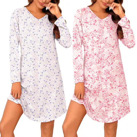MARVMYS Women's 2-Piece Cute Heart-Floral Print Moo Moo Set - Soft Long Sleeve V-Neck Fitted Pullover Sleepshirt & Lounge Dress, Cozy Loungewear for Sister Gifting (S-3XL)