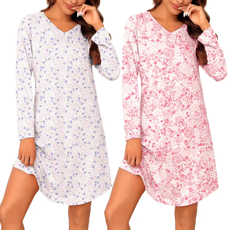 MARVMYS Women's 2-Piece Cute Heart-Floral Print Moo Moo Set - Soft Long Sleeve V-Neck Fitted Pullover Sleepshirt & Lounge Dress, Cozy Loungewear for Sister Gifting (S-3XL)