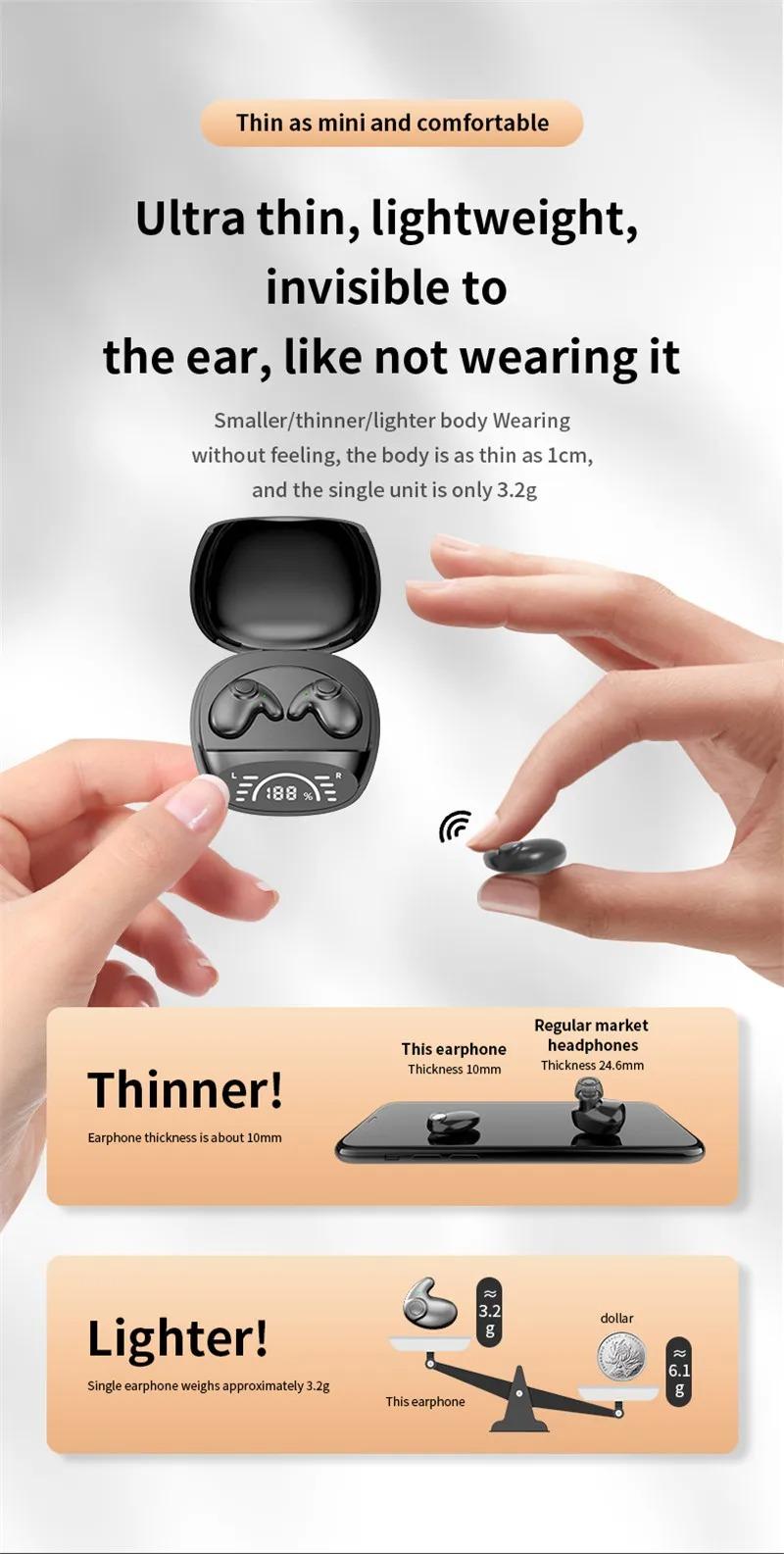 Invisible Earbuds Sleep Headphones Bluetooth 5.3 Noise Reduction Earbuds  Wireless Headsets Sport Stereo Earphones for Phone