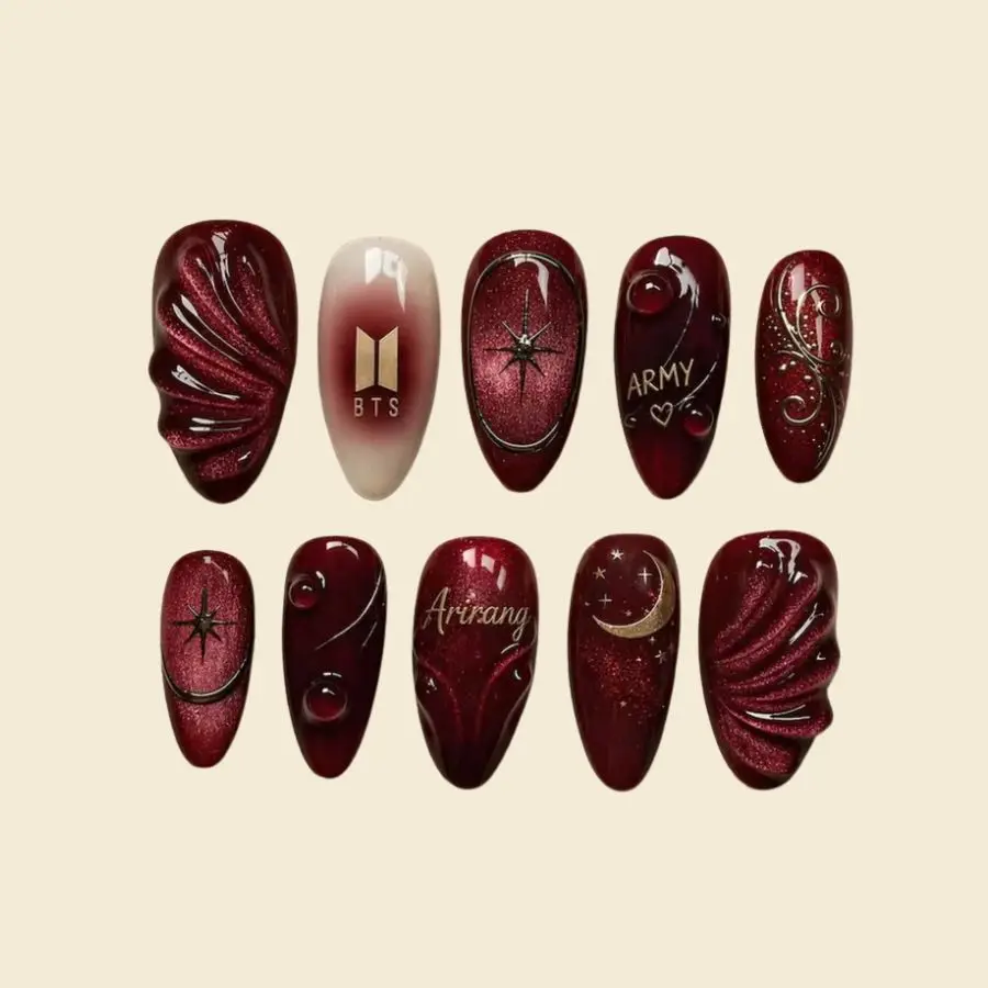 Handmade 10pcs 3D Press On False Nails Kpop Inspired Arirang Design Press-On Nails, Handmade Korean Style False Nails For Women