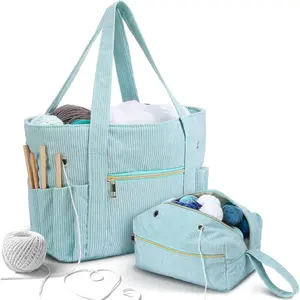 2 Pcs Crochet Bag and Tote Set Corduroy Yarn Bag Crochet Tote Bag for Crochet Hooks Organizer Yarn Holder for Crochet Lovers Knitting Bag Crochet Accessories(Blue)