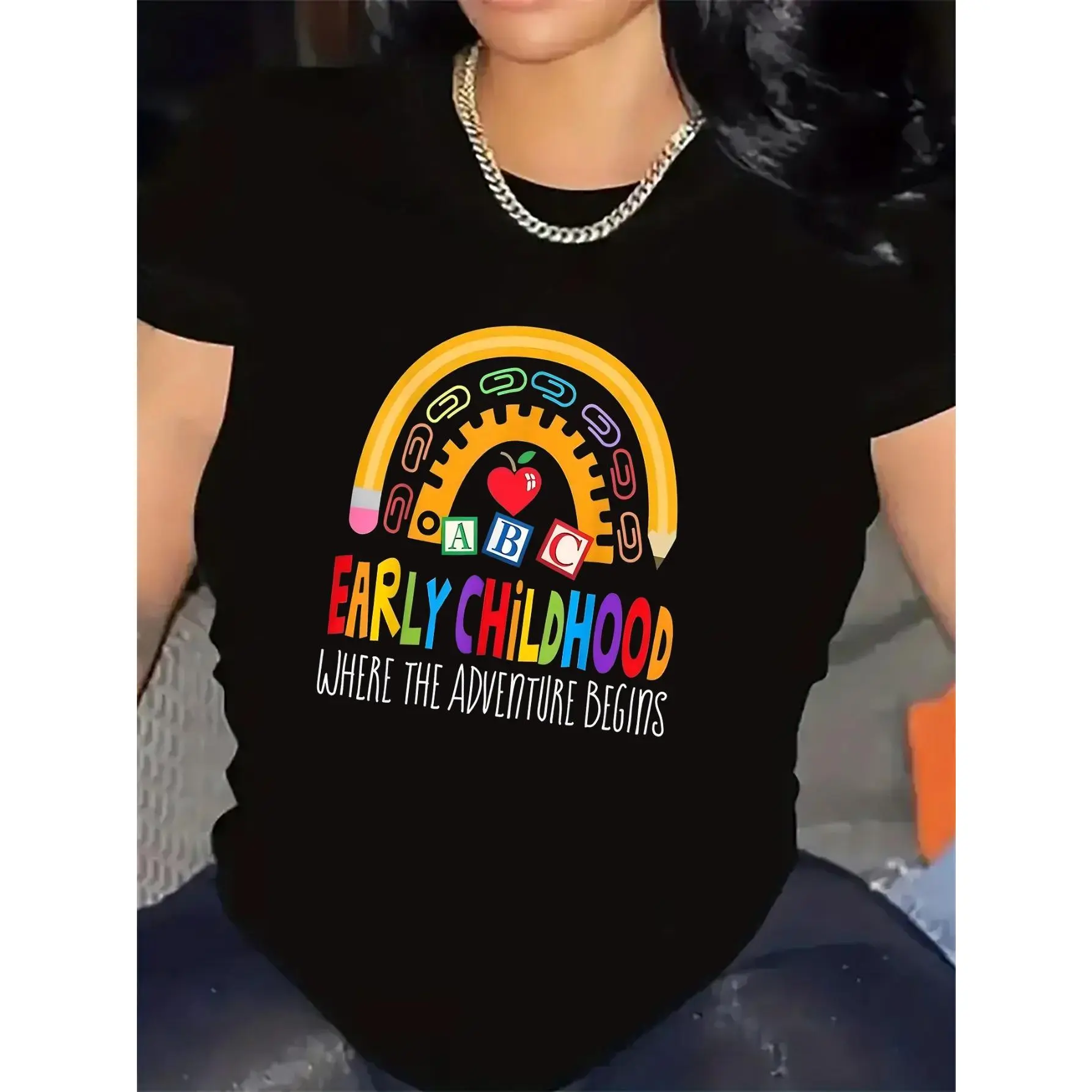 Teacher's Short-Sleeve Tshirt - Lightweight Polyester Sports Top with All-Over Rainbow Print, ABC/123 Motifs for Daycare