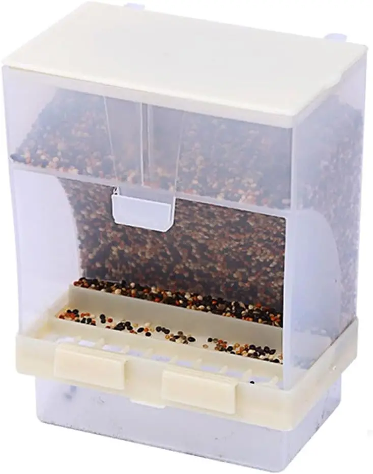 Bird seed dispenser, made of plastic, chinese brand, suitable for cages or aviaries."