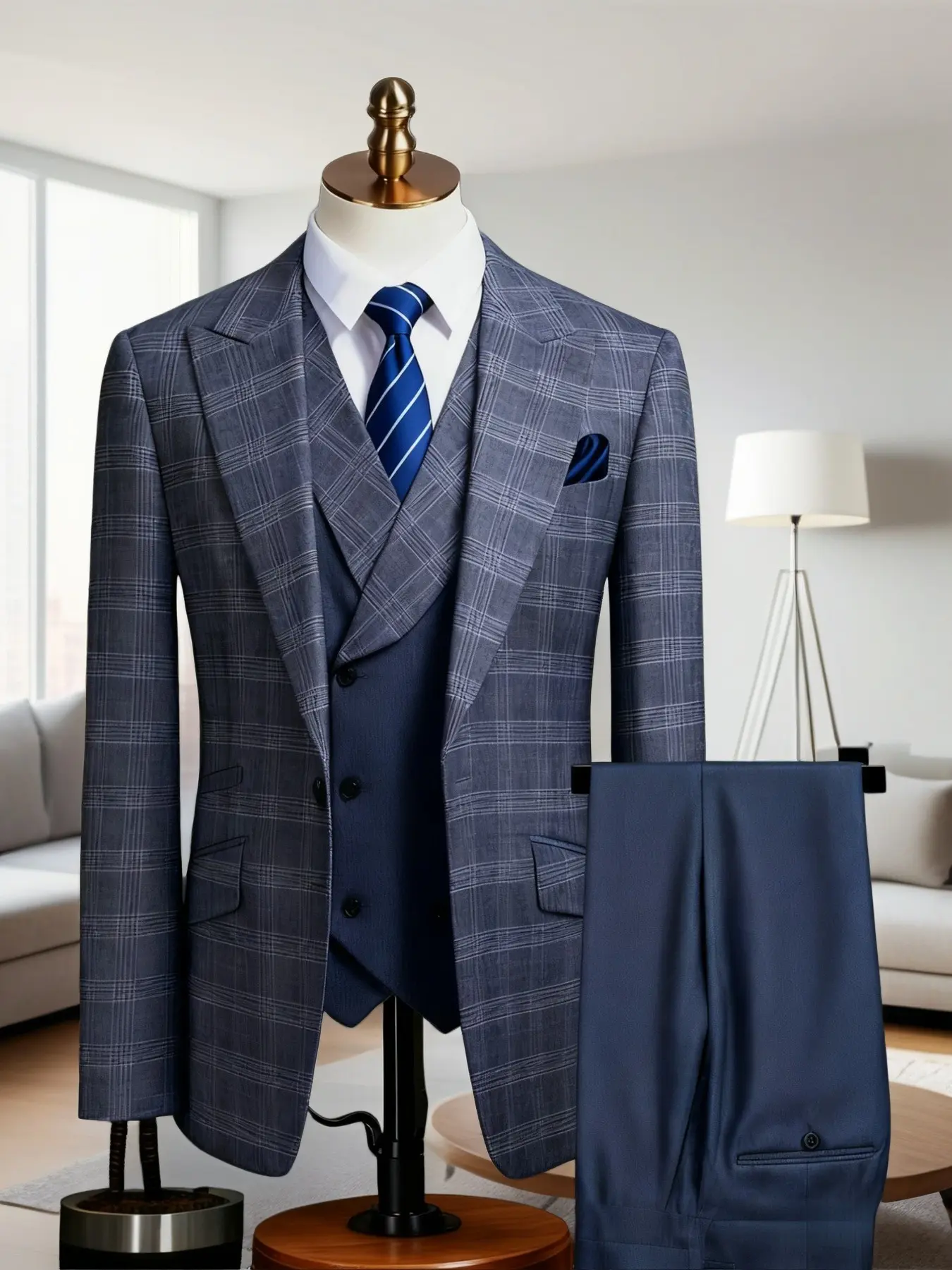 Elegant Men'S 3pcs Suit - Slim Fit Checked Tuxedo Set for Weddings & Formal Occasions, Suit & Pants, Perfect for Office Meetings and Elegant Events, Formal Attire|Slim Fit Suit|Durable Wedding Wear, Menswear