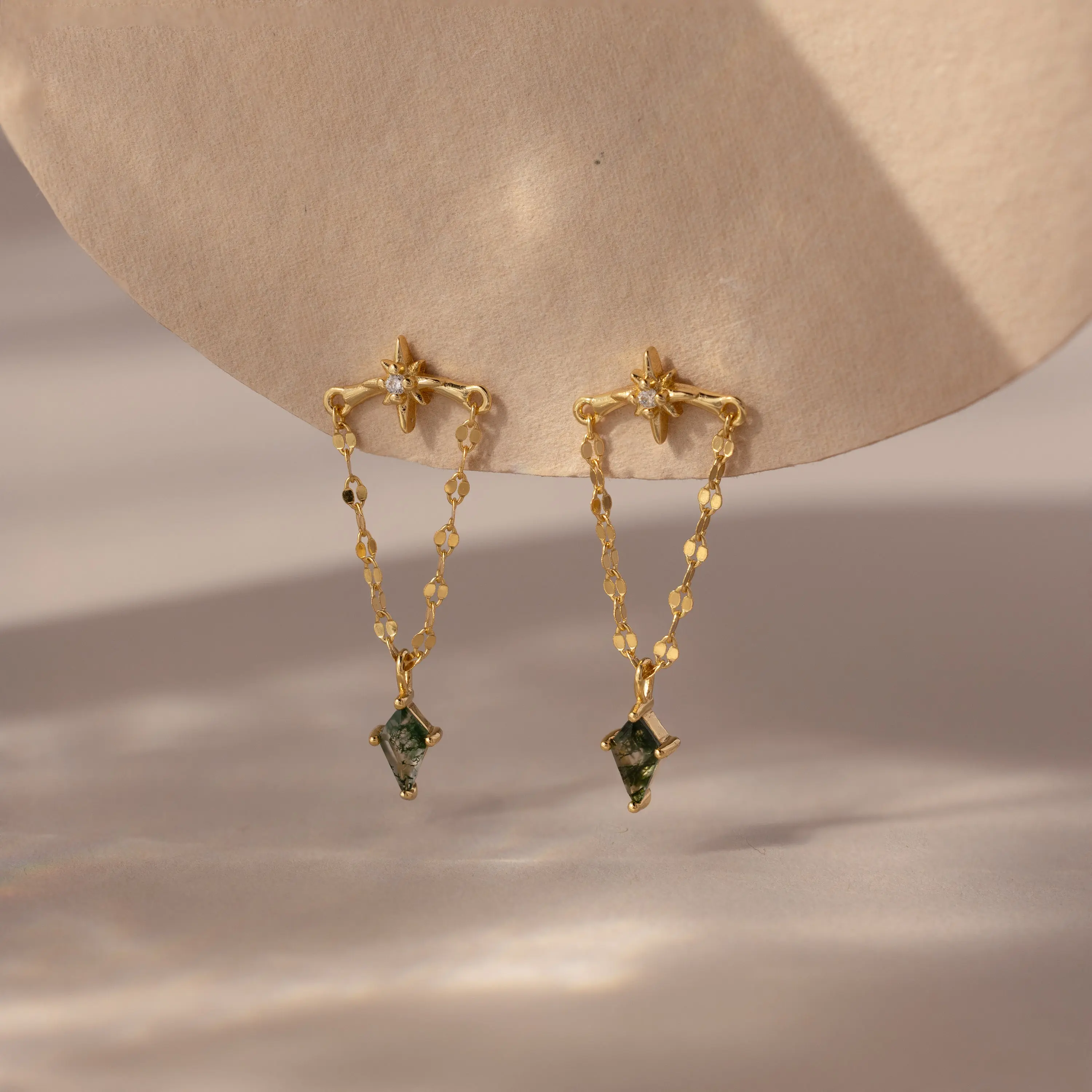 Agate Star Chain Earrings by Caitlyn Minimalist - Dangle Mirror Chain Stud Earrings - Green Moss Agate Charm Earrings - Boho Jewelry - Friend Gift
