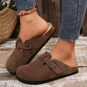 Clogs for Women Suede Soft Leather Clogs Classic Cork Clog Antislip Slippers Waterproof Mules House Sandals with Adjustable Buckle
