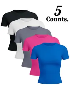 Women's Solid Color Round Neck Sports T-Shirt, High Elasticity Comfortable Breathable, Moisture Wicking Slim Fit Casual Workout Tops Short Sleeve Top