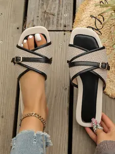 Large Size Square Toe Braided Sandals for Women, Cross Strap Buckle Flat Summer Outdoor Lazy One-Word Slippers, Comfortable and Stylish