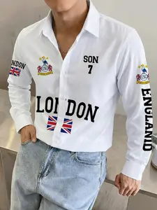 Men's Long Sleeve Polo Shirt, London London Letter Graphic Print, Fashion Streetwear Casual Vintage, Soft Comfortable Fabric