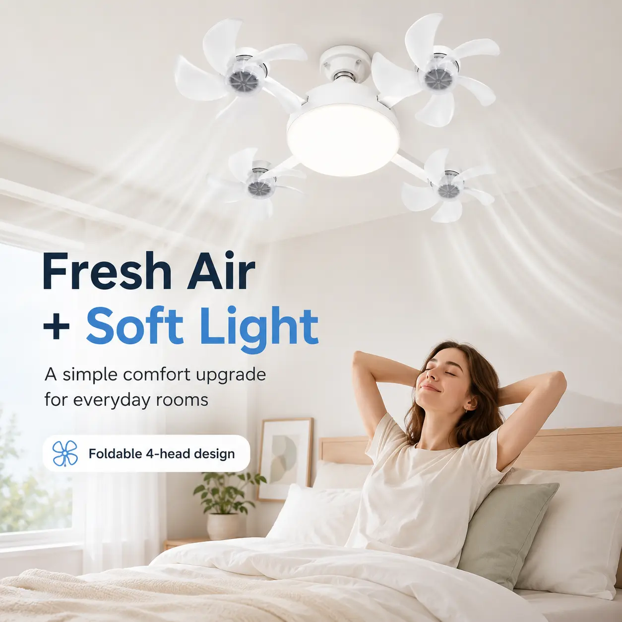 2-in-1 Ceiling Fan Light with Remote Control, Foldable 4-Head LED Ceiling Lamp, E27 Base Mini Fan Light for Bedroom Living Room Home