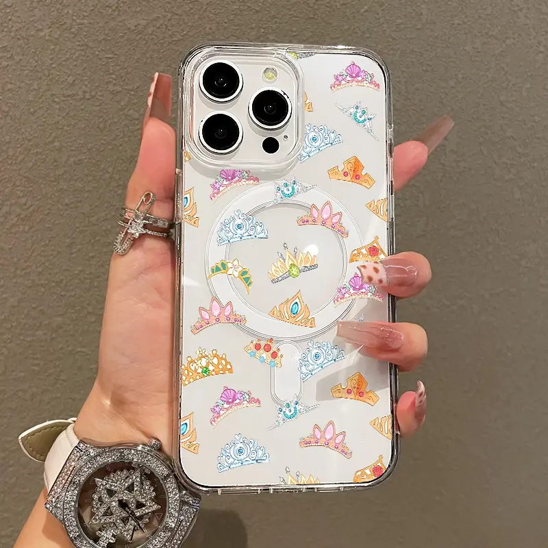 Magnetic Soft Girl Smartphone Case for iPhone 11-17 Pro Max, Princess Tiara Pattern, Lightweight, Drop-Proof, MagSafe-Compatible Durable Mobile Phone Accessory, Multi-Model Resistance Design for Teen Girls