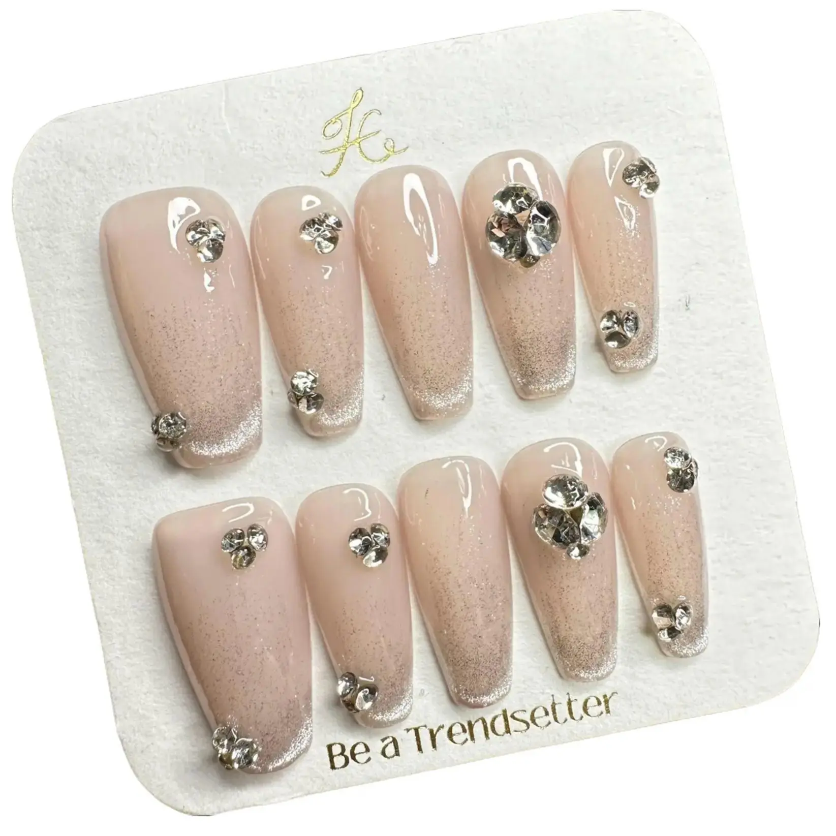 Pink Cat Eye Press-On Nails, Long Coffin Fake Nails with Rhinestone Accents, Long-Wear & Reusable Manicure Kit, M Size, None, Feminine, Art, Diamond Embellished, Removable Press On Nails