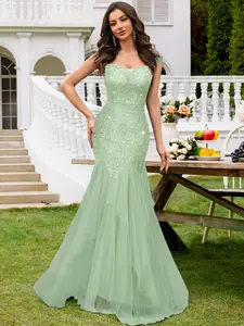 Miusol Women's Elegant Fitted Sleeveless Deep V-Neck Sequin Lace Tulle Mermaid Maxi Dress - Formal Party Wear for Wedding Guests, Mermaid Tulle Wedding Dress, Elegant Dresses For Women
