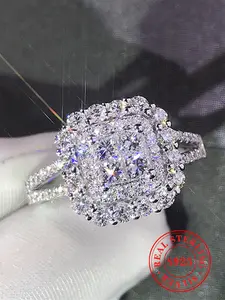 S925 Sterling Silver Luxury Gorgeous Square Shaped Rhinestone Decor Pave Ring with Box, Elegant Exquisite Jewelry for Women for Summer Party & Daily Wear, Elegant Everyday Ring