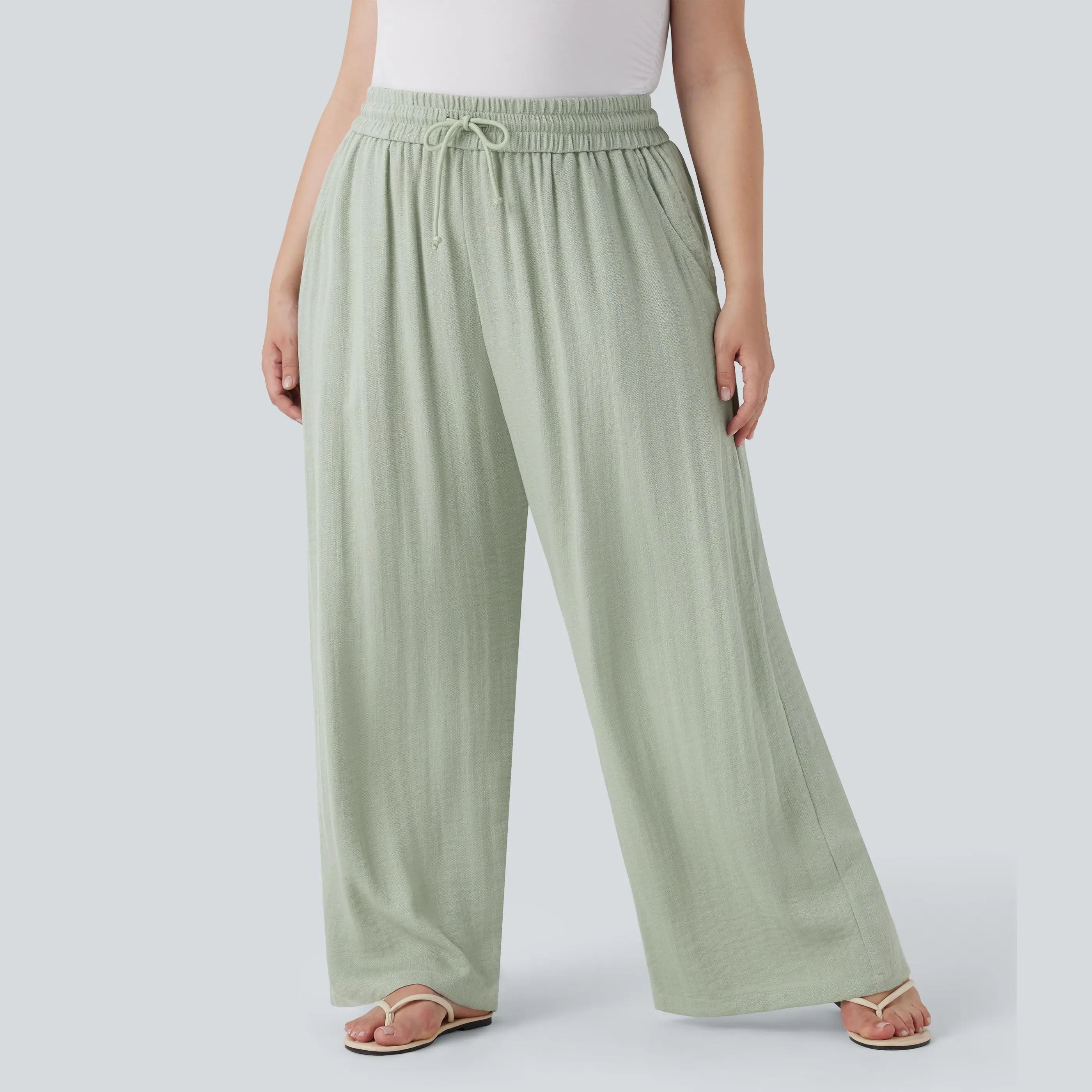 Halara High Waisted Drawstring Linen-Feel Wide Leg Casual Plus Size Pants with Pockets #BackToSchool
