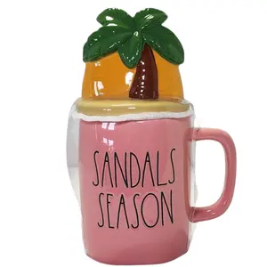 Rae Dunn Coffee Mugs with Decorative ceramic Lids, Sandals Season/Palm Tree/Coral