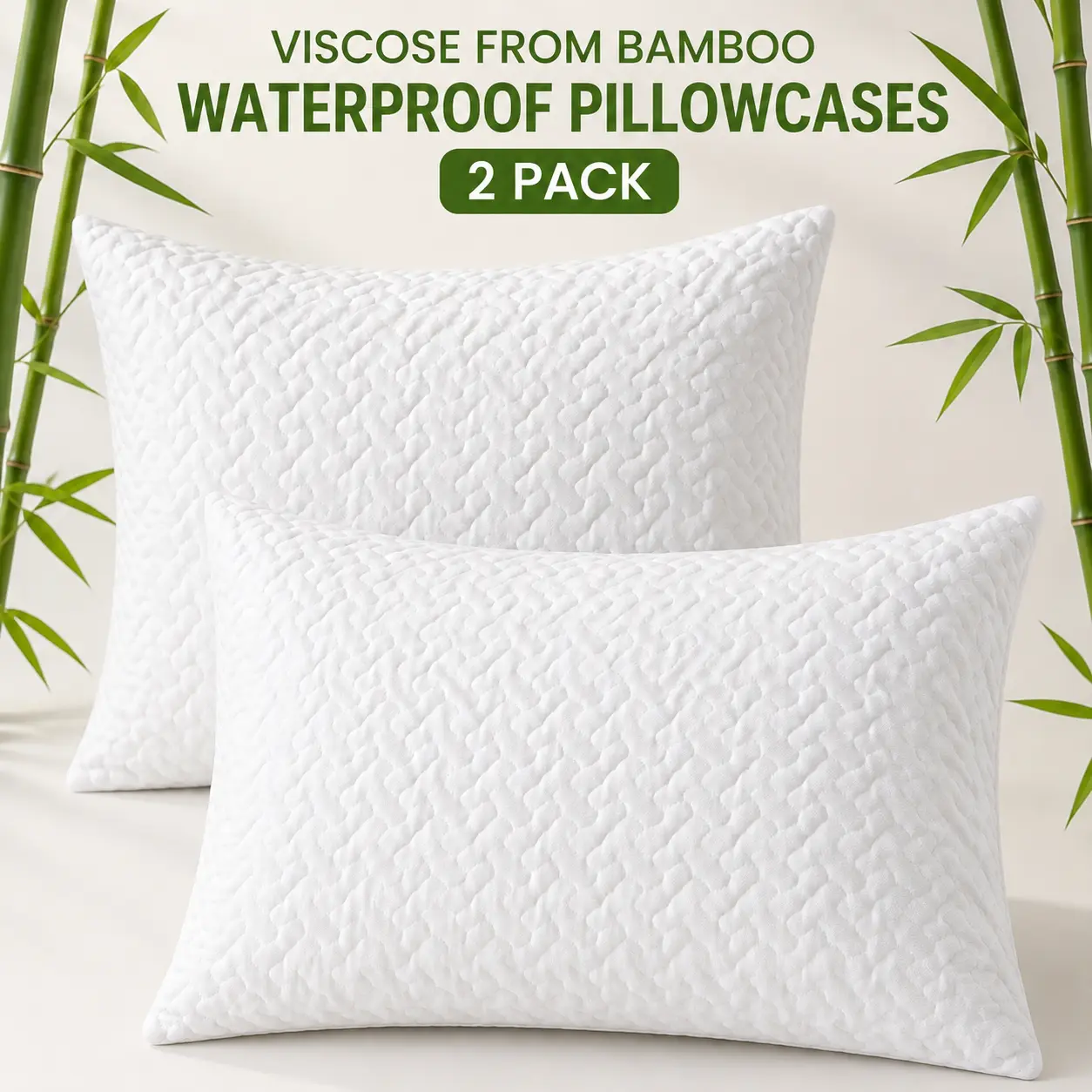 CloudReston Bamboo-Feel Waterproof Pillow Protectors 2 Pack, Soft Comfortable Breathable Pillow Covers with Hidden Zipper, Twin Queen King