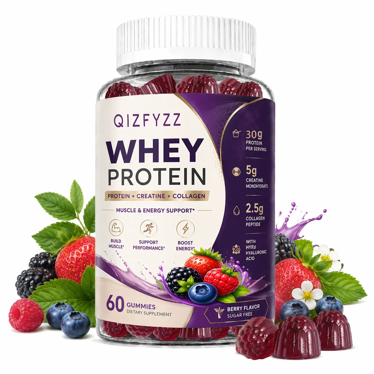 3-in-1 Whey Protein Gummies | Whey Protein + Creatine Monohydrate + Collagen Peptides | Zero Sugar High-Protein Nutrition Supplement | Muscle Growth & Energy Support | Berry Flavor | 60 Gummies | Unisex Formula